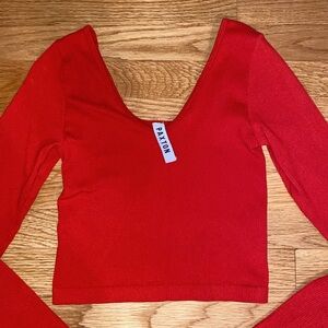 Paxton V-Neck Long Sleeve Basic Ribbed Top - Red